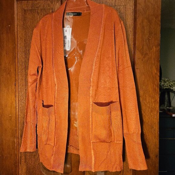 MEROKEETY Women's Small Orange Open Front Pocketed Ribbed Cardigan Sweater NEW - Picture 1 of 11